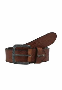 Brauner Leder-Gürtel mit strukturierter Oberfläche; verfügt über eine rechteckige silberne Metallschnalle und ein kleines Logo auf dem Leder.