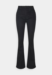 Musta levenevä farkku, joka on tehty denimi-kankaasta. Siinä on korkeavyötärö, etutaskut ja nappikiinnitys. Sileä pinta ja klassinen istuvuus.