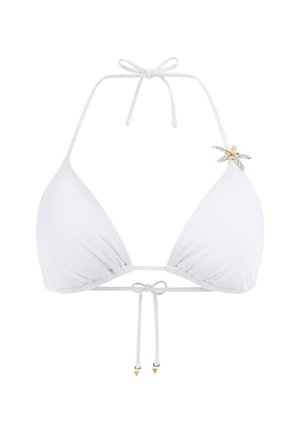 White triangle bikini top with adjustable ties, gathered fabric, and a starfish accent featuring gold-tone detail and sparkle embellishments.
