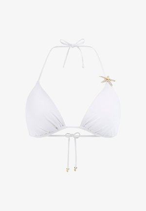 Weißer Triangel-Bikini-Oberteil mit verstellbaren Bändern, gerafftem Stoff und einem Seestern-Akzent mit goldfarbenen Details und funkelnden Verzierungen.