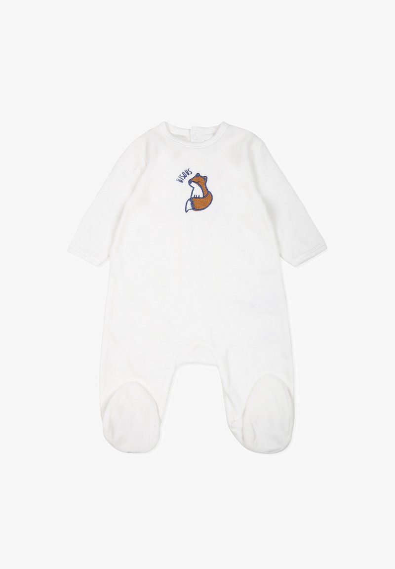 Grenouillère blanche à manches longues en tissu doux. Présente un motif de renard brodé orange sur la poitrine et des pieds intégrés pour plus de chaleur.