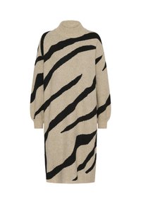 Beige gebreide trui jurk met een hoge hals en zwarte zebra-stijl strepen, met lange mouwen en een losse pasvorm.