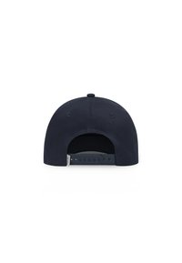 Mørkeblå baseballcaps med en buet skjerm, glat stof, justerbar plast snapback lukning, og ingen synlige logoer eller mønstre.
