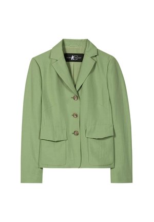 Hellgrüner, maßgeschneiderter Blazer mit drei Knöpfen, zwei vorderen Pattentaschen und Reverskragen mit Kerbe, Marke Luisa Cerano.