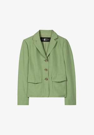 Hellgrüner, maßgeschneiderter Blazer mit drei Knöpfen, zwei vorderen Pattentaschen und Reverskragen mit Kerbe, Marke Luisa Cerano.