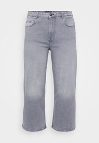 Gray denim jeans with a cropped wide-leg design, five pockets, button closure, and subtle fading pattern along the fabric.