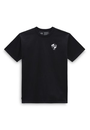 Schwarzes T-Shirt mit kurzen Ärmeln aus Baumwolle, mit einem weißen Vans-Logo auf der Brust. Einfacher, runder Ausschnitt, weicher Stoff und klassischer Schnitt.