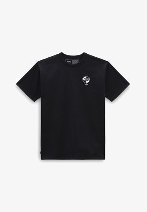 Schwarzes T-Shirt mit kurzen Ärmeln aus Baumwolle, mit einem weißen Vans-Logo auf der Brust. Einfacher, runder Ausschnitt, weicher Stoff und klassischer Schnitt.