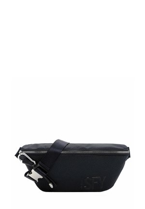 Black canvas fanny pack with a textured surface, silver zipper, and adjustable strap. Features a prominent brand logo on one side.