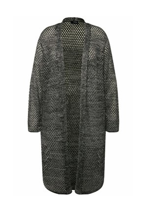 Langer, offen gestalteter Cardigan aus leichtem Strick mit einem Mesh-Muster. In Schwarz-Grau gehalten, mit weiten Ärmeln und einem entspannten Schnitt.