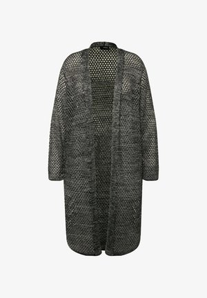Langer, offen gestalteter Cardigan aus leichtem Strick mit einem Mesh-Muster. In Schwarz-Grau gehalten, mit weiten Ärmeln und einem entspannten Schnitt.