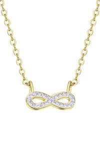Gouden ketting met een infinity-symboolhanger, versierd met heldere rhinestones, die een sprankelend effect creëren tegen een gladde ondergrond.