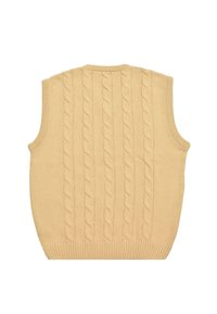 Béžový pletený bezrukávový svetr s károvaným vzorem, s ribbovaným výstřihem a lemem, který vyniká jemnou texturou a klasickým designem.