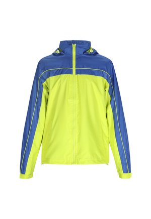 Lichte, waterdichte jas met een blauwe bovensectie en een felgele ondersectie. Inclusief een capuchon en contrasterende pipingdetails.