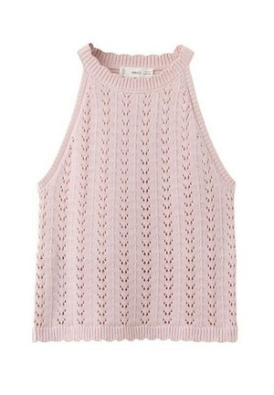 Haut sans manches en tricot rose clair avec un col montant côtelé et un motif ajouré vertical sur tout le tissu.