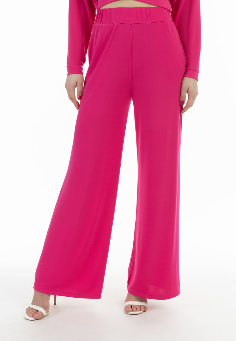 Fuchsia wijde broek in lichtgewicht stof met een elastische tailleband en zijzakken, met een gladde textuur en schone randen.