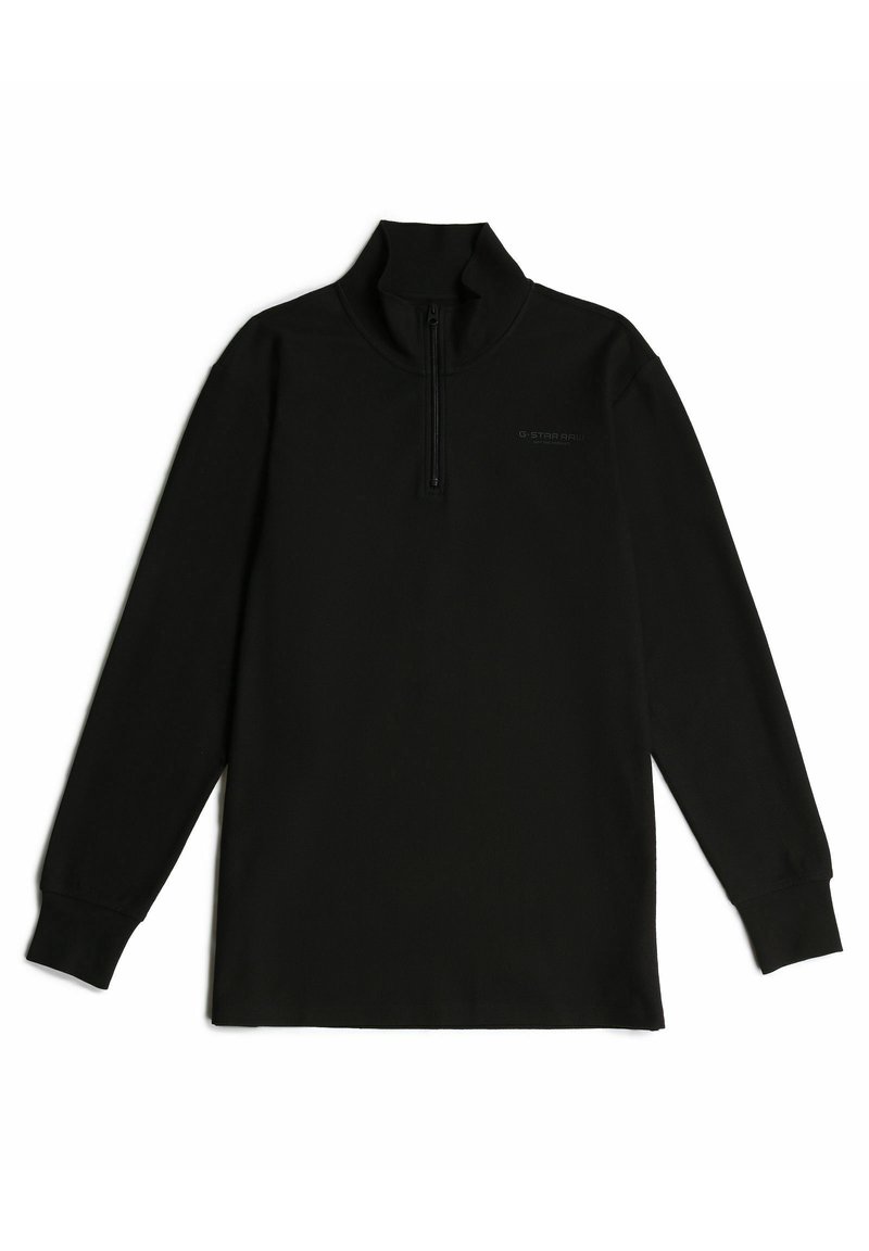 Schwarzer Pullover mit langen Ärmeln und einem Viertel-Reißverschluss-Kragen. Hergestellt aus glattem Material mit einem dezenten Logo auf der Brust. Verfügt über enganliegende Manschetten.