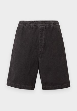 Shorts in velluto a coste nero con cinturino elastico e vestibilità semplice e ampia, mostrati su uno sfondo bianco semplice.