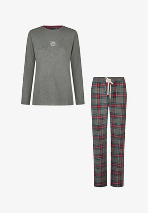 Haut gris à manches longues avec texte "Jolly" ; pantalon à carreaux gris, rouge, vert ; taille à cordon de serrage ; tissu doux ; ensemble décontracté pour se détendre.