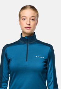 Maglione teal a zip a quarto realizzato in tessuto morbido, con pannelli delle spalle in un blu scuro a contrasto e il logo "VAUDE" in bianco.