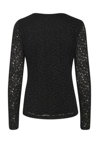 Blusa nera a maniche lunghe realizzata in pizzo con un motivo floreale, caratterizzata da un collo rotondo e una silhouette aderente.