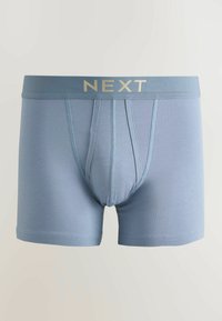 Vaaleansiniset miesten bokserialushousut, joissa on brändätty joustava vyötärönauha, jossa lukee "NEXT", ja etuosassa pystysaumat.