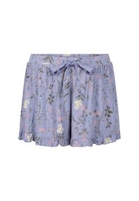 Paarse bloemen short met een gerimpeldezoom, voorzien van een bindriem. Het materiaal heeft een zachte textuur met een patroon van witte en roze bloemen.