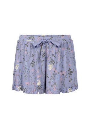 Paarse bloemen short met een gerimpeldezoom, voorzien van een bindriem. Het materiaal heeft een zachte textuur met een patroon van witte en roze bloemen.