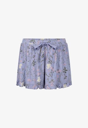 Paarse bloemen short met een gerimpeldezoom, voorzien van een bindriem. Het materiaal heeft een zachte textuur met een patroon van witte en roze bloemen.