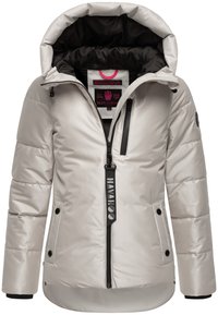 Ljust grå pufferjacka med avtagbar huva, framsidig dragkedja, svarta accenter och två sidofickor. Har en slät textur och quiltat mönster.