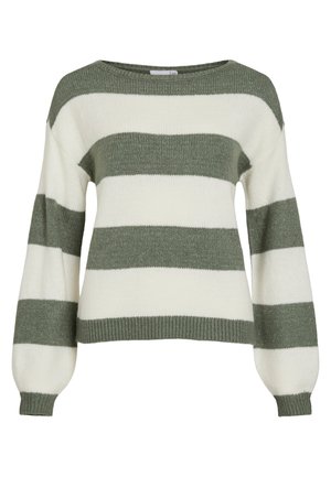 Pull rayé vert et blanc, avec une coupe décontractée, des manches larges et des bords côtelés. Fabriqué en matière tricotée douce et texturée.