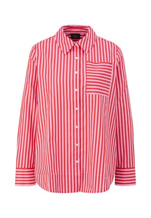 Langarm-Hemd mit roten und hellrosa vertikalen Streifen, kontrastierendem horizontal gestreiftem Brusttaschen- und Manschettendesign, spitzem Kragen.