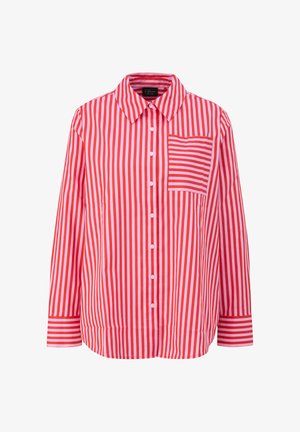 Overhemd met lange mouwen en knopen, met verticale strepen in rood en lichtroze, contrasterende horizontale gestreepte borstzak en manchetten, puntige kraag.