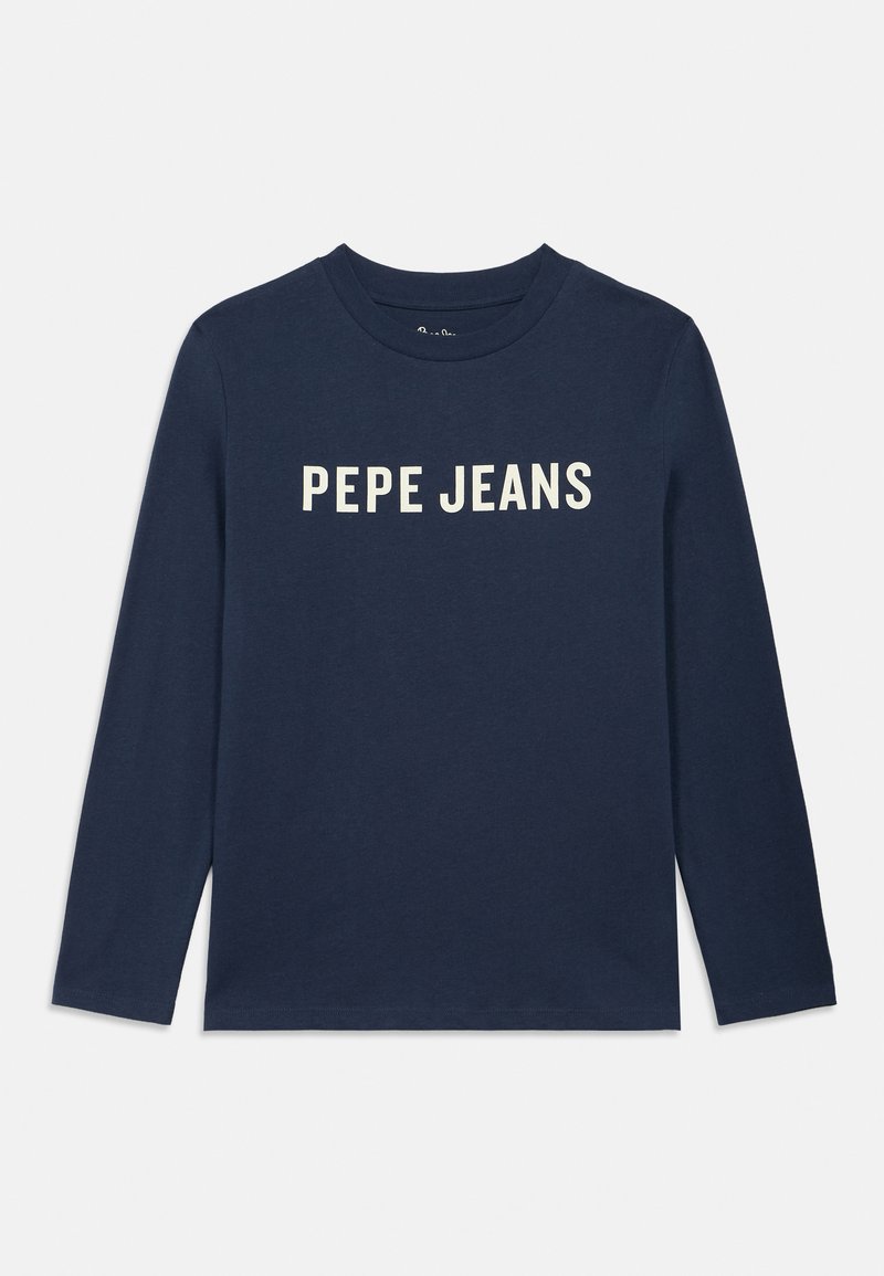 Camiseta de manga larga azul marino hecha de algodón, con el texto blanco "PEPE JEANS" en el pecho en una fuente sans-serif en negrita.