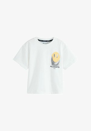 Biała koszulka z krótkim rękawem z żółtą buźką i czarnym pociągnięciem pędzla nad logo "ALLSAINTS LONDON" na piersi.
