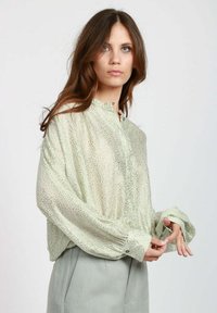 Blusa trasparente verde chiaro con un pattern testurizzato, colletto alto e maniche lunghe. Presenta dettagli con bottoni ai polsini.