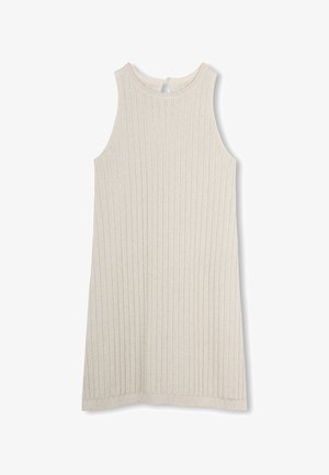 Vestito senza maniche a coste color beige chiaro. Presenta una scollatura tonda e una chiusura posteriore a occhiello. Tessuto morbido con una vestibilità comoda.