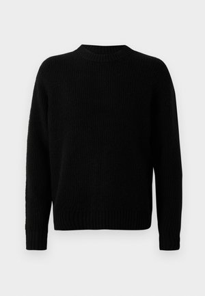 Black knitted sweater with a ribbed texture, round neckline, and long sleeves. Simple design; no additional patterns or accents.
