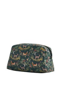 Zelená kozmetická taštička s hravým vzorom lesa, na ktorom sú zvieratá a lístie. Hladký materiál, zaoblený tvar a zipsové uzatváranie.