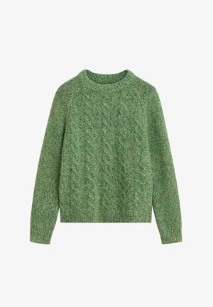 Green knitted sweater with cable patterns, long sleeves, ribbed collar, cuffs, and hem, displayed on a white background.