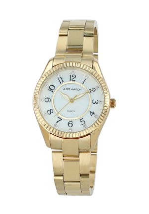 Goldene Metallarmbanduhr mit weißem Ziffernblatt, schwarzen Zahlen, Kristall-Stundenmarkierungen und drei Zeigern, die 2:09:36 anzeigen, Marke "Just Watch".