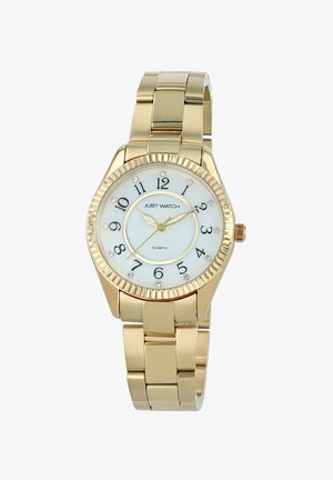 Goldene Metallarmbanduhr mit weißem Ziffernblatt, schwarzen Zahlen, Kristall-Stundenmarkierungen und drei Zeigern, die 2:09:36 anzeigen, Marke "Just Watch".