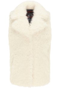 Biała kamizelka z sztucznego futra o miękkiej, puszystej strukturze. Posiada szeroki kołnierz i nie ma widocznych zapięć, została zaprojektowana do warstwowego noszenia.