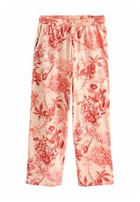 Pantaloni de piersici deschiși cu modele florale roșii, talie elastică, buzunare laterale și o croială lejeră. Material moale cu o textură netedă.