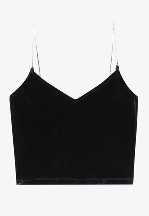 Top en velours noir à décolleté en V profond, avec des bretelles fines et une texture douce. Design simple sans motifs ni embellissements.