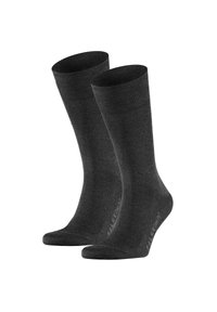 Calze in cotone grigio scuro, alte fino al ginocchio, con una texture liscia, dotate di punta arrotondata e bordo a coste per un maggiore allungamento e comfort.