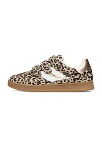 Leopard print sneakers with three Velcro straps, beige and white synthetic upper, gold accents, and a brown rubber sole.