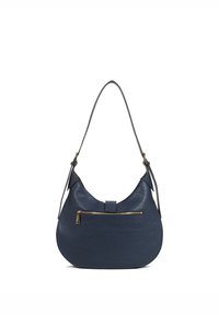 Marineblauwe leren hobo tas met een gladde textuur, gebogen vorm, afneembare band en een voorvak met rits voorzien van gouden hardware-accenten.