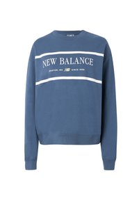 Blue sweatshirt featuring a rounded neck, long sleeves, and white horizontal stripes with "New Balance" logo and text in contrasting colors.