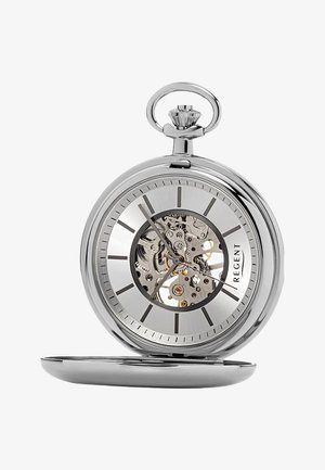 Silver pocket watch with a transparent skeleton dial, black hour markers, and a smooth metallic finish. Closed, it has a rounded shape.